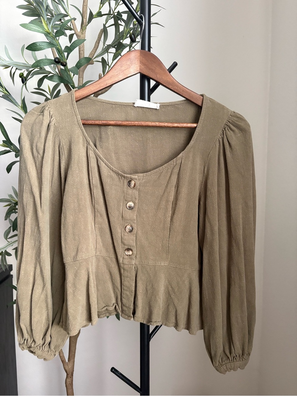 Altar'd State Olive Puff-Sleeve Button Front Blouse